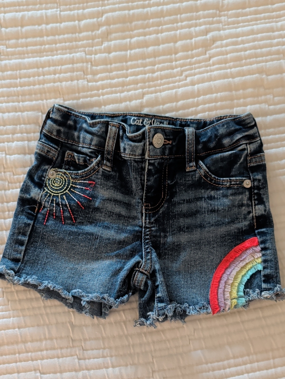 Cat & Jack Dark Blue Denim Shorts with Rainbow & Sun Embroidery